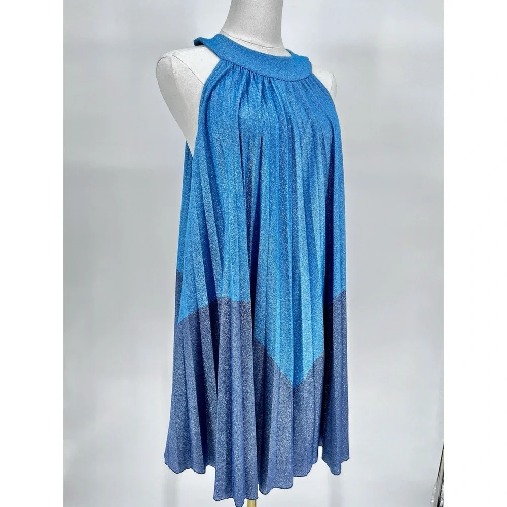 Free‎ People Women's Pleated Love Metallic Mini Dress, Blue, XS Babydoll Style